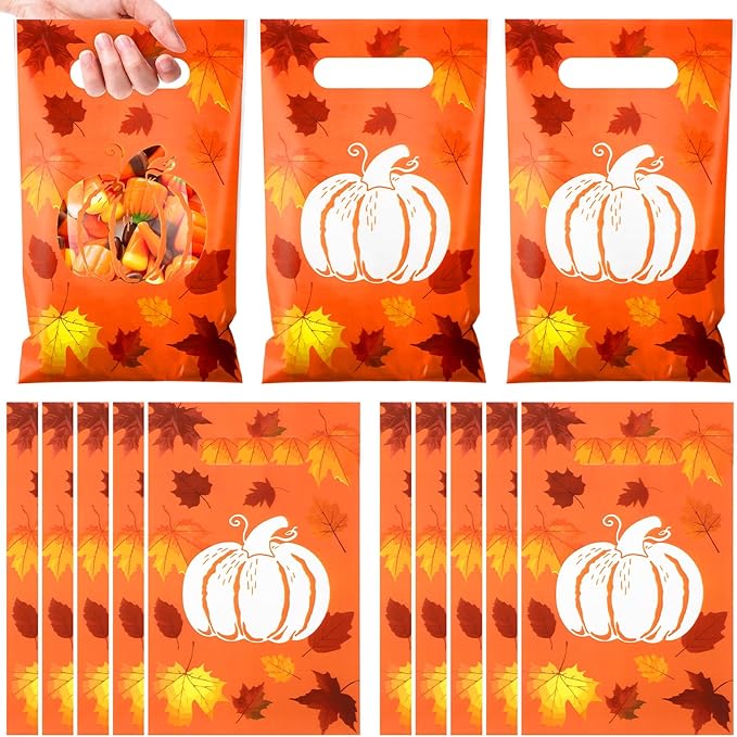 Supervitae 100 Pcs Thanksgiving Party Gift Bags Fall Pumpkin Favor Bags Bulk with Handles for Snacks Goodie Candy Treat Thanksgiving Party Supplies