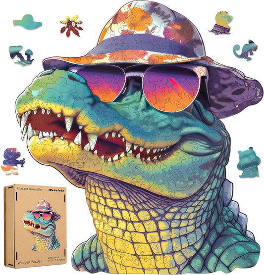 Reouinty Cool Wooden Puzzle for Adults 500 Piece, Glasses Crocodile Wooden Jigsaw Puzzles, Beautiful Wooden Puzzle with Box Birthday Gifts for Adults and Kids Family Game(16 * 17.6in)