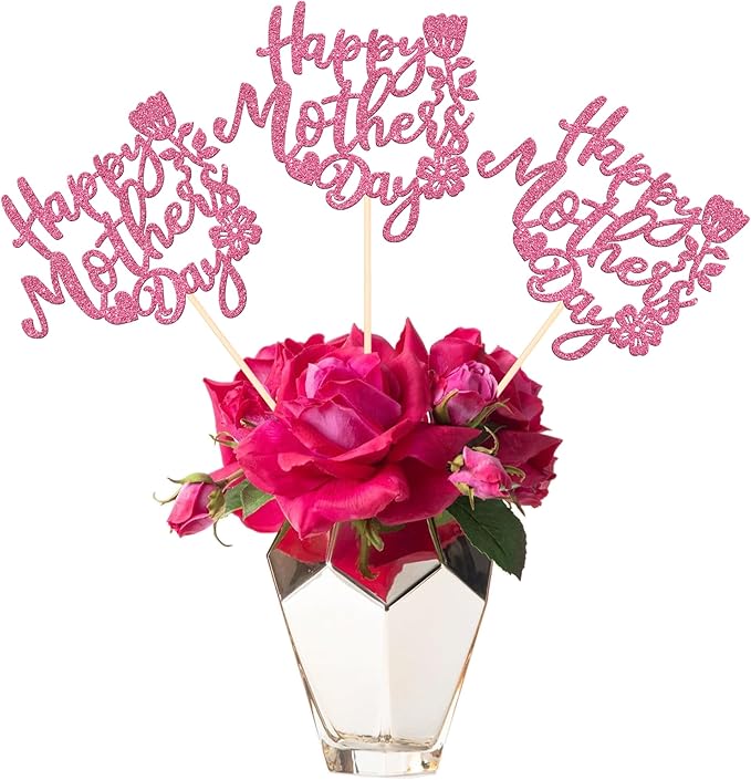 12 PCS Happy Mother's Day Centerpiece Sticks Double Sided Glitter Rose Love Best Mom Centerpieces for Happy Mother's Day Theme Table Flower Decorations Women Birthday Party Supplies Pink