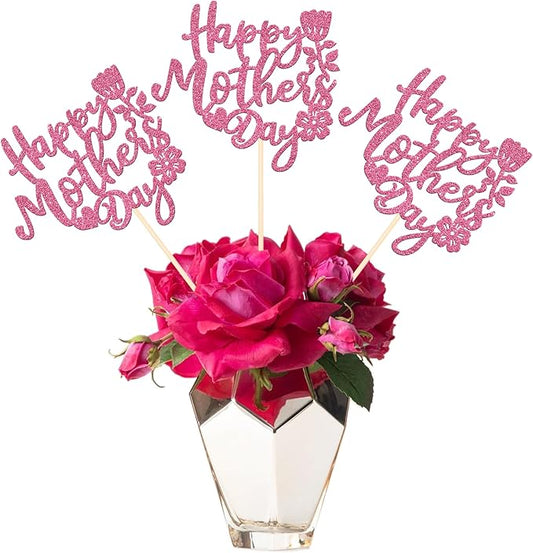 12 PCS Happy Mother's Day Centerpiece Sticks Double Sided Glitter Rose Love Best Mom Centerpieces for Happy Mother's Day Theme Table Flower Decorations Women Birthday Party Supplies Pink