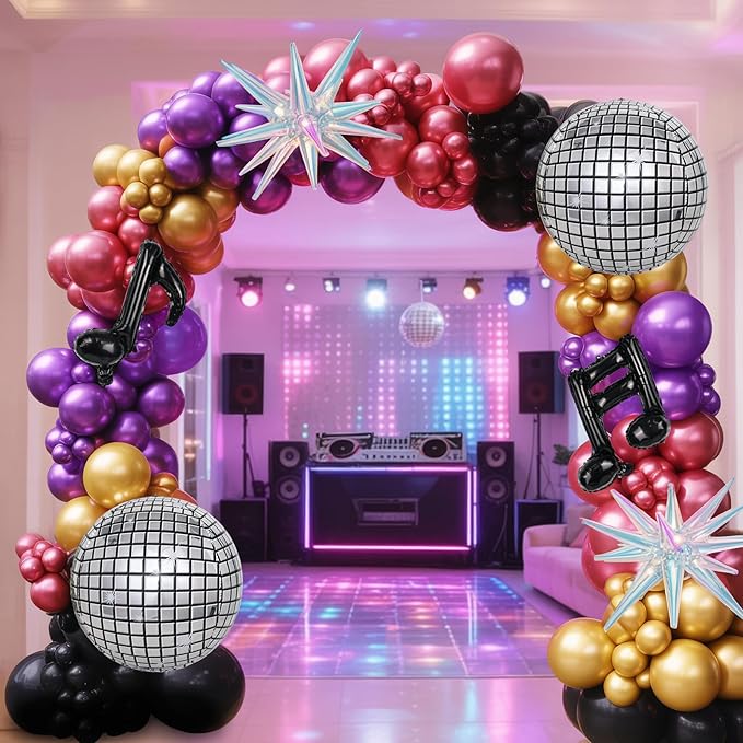 Disco Balloon Arch Kit, Metallic Chrome Red Purple Gold Black Kpop Balloon Garland with Foil Star Music Note Balloons for Kpop Music Decoration 80s 90s Disco Birthday Galaxy Theme Grad Prom Graduation