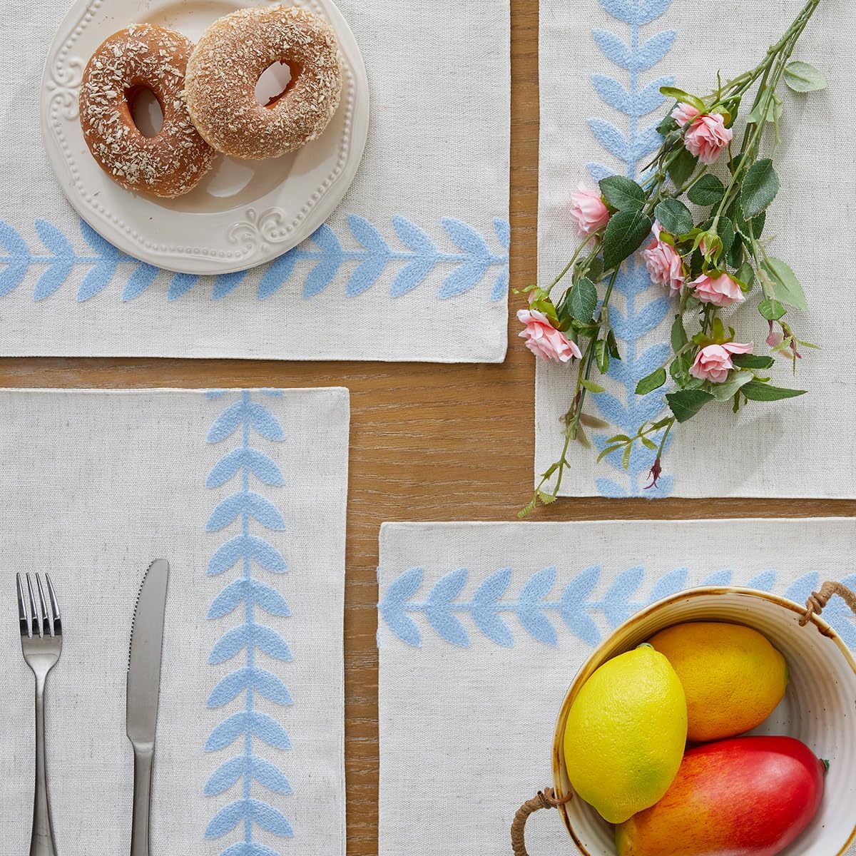 Wracra Embroidered Placemats, 13 x 18 Inch Set of 4 Placemats, Irregular Willow Rustic Place Mats for Kitchen Table and Heat Resistant, Blue 4PCS