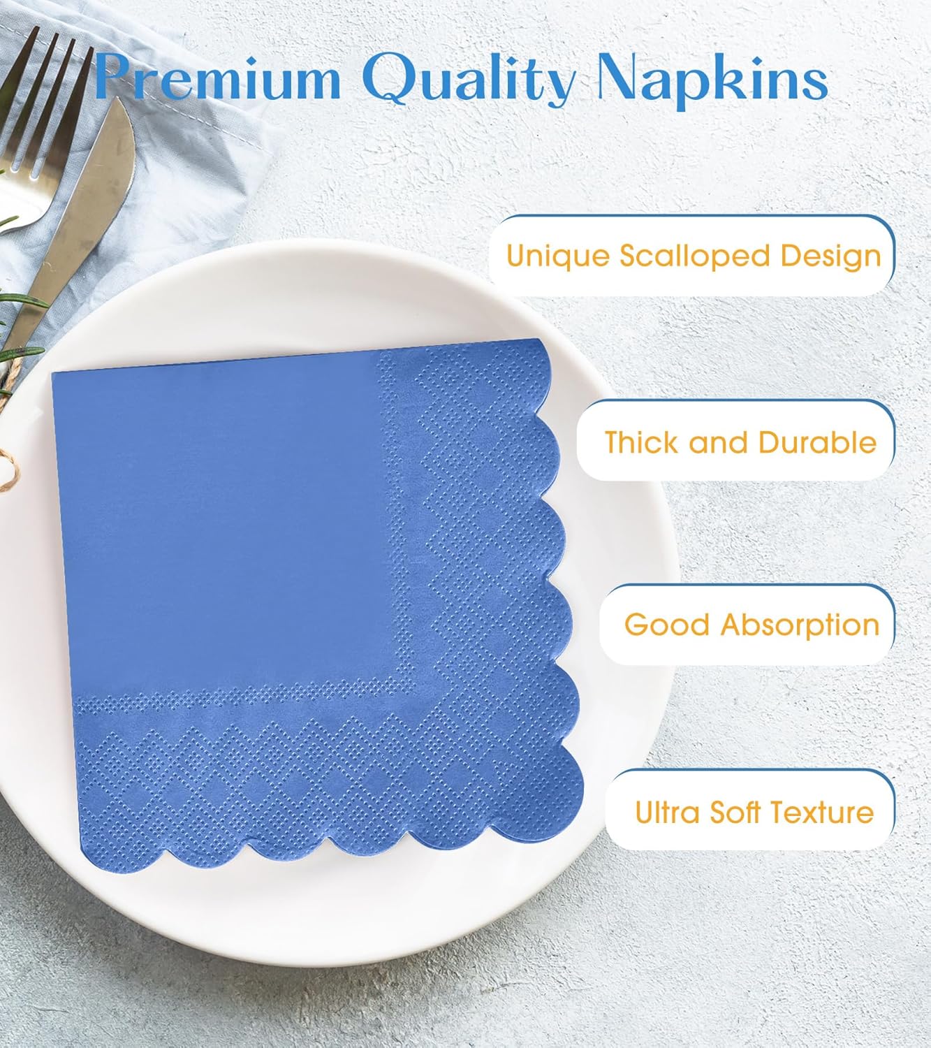100 Pack Cocktail Napkins, 3-Ply Scalloped Edged Wedding Napkins Folded 5 x 5 Inches Dessert Napkins, Disposable Napkins for Dinner Birthday Party Bridal Anniversary Baby Shower Reception (Navy Blue)