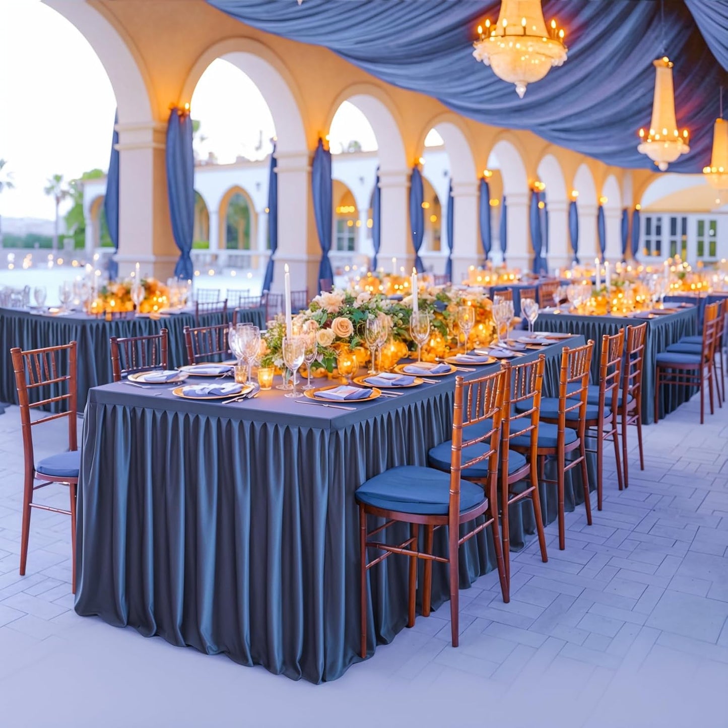 Navy Blue Polyester Table Clothes for 4 Foot Rectangle Tables, Wrinkle Free Fitted Table Cover with Pleated Ruffle Table Skirt for Birthday Party Wedding Trade Show Event Display