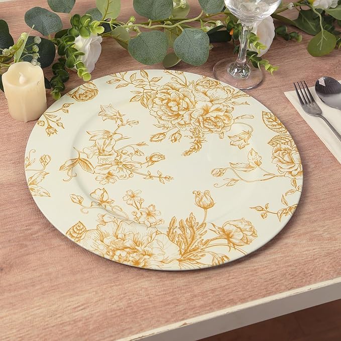 Efavormart 6 Pack White Gold Floral Acrylic Charger Plates in French Toile Pattern, Round Dinner Charger Event Tabletop Decor - 13"