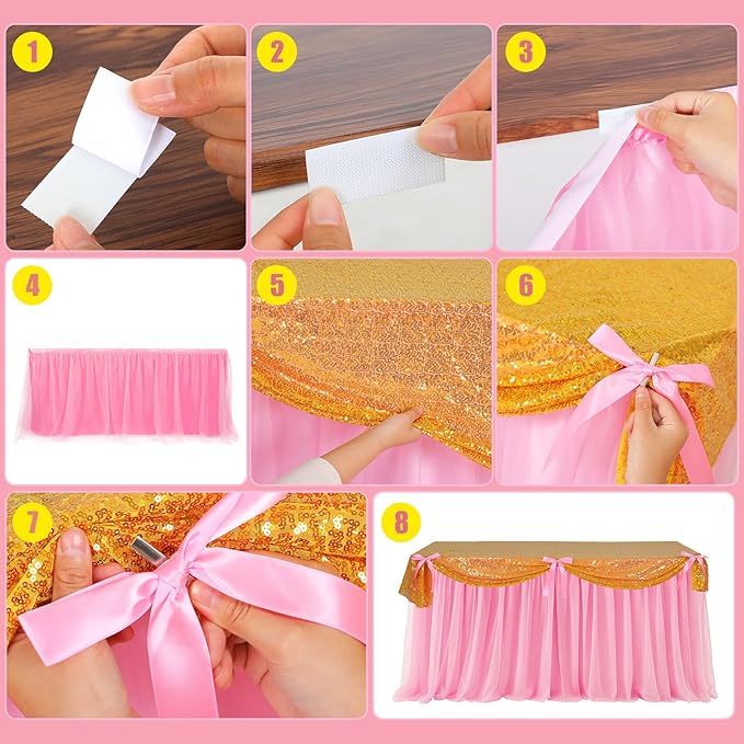 5 Pcs Fairytale Themed Party Table Cover Pink and Gold Sequin Tulle Table Skirt 30 x 108 Inch Century Slumber Fantasy Cloth for Birthday Party Decor Supplies