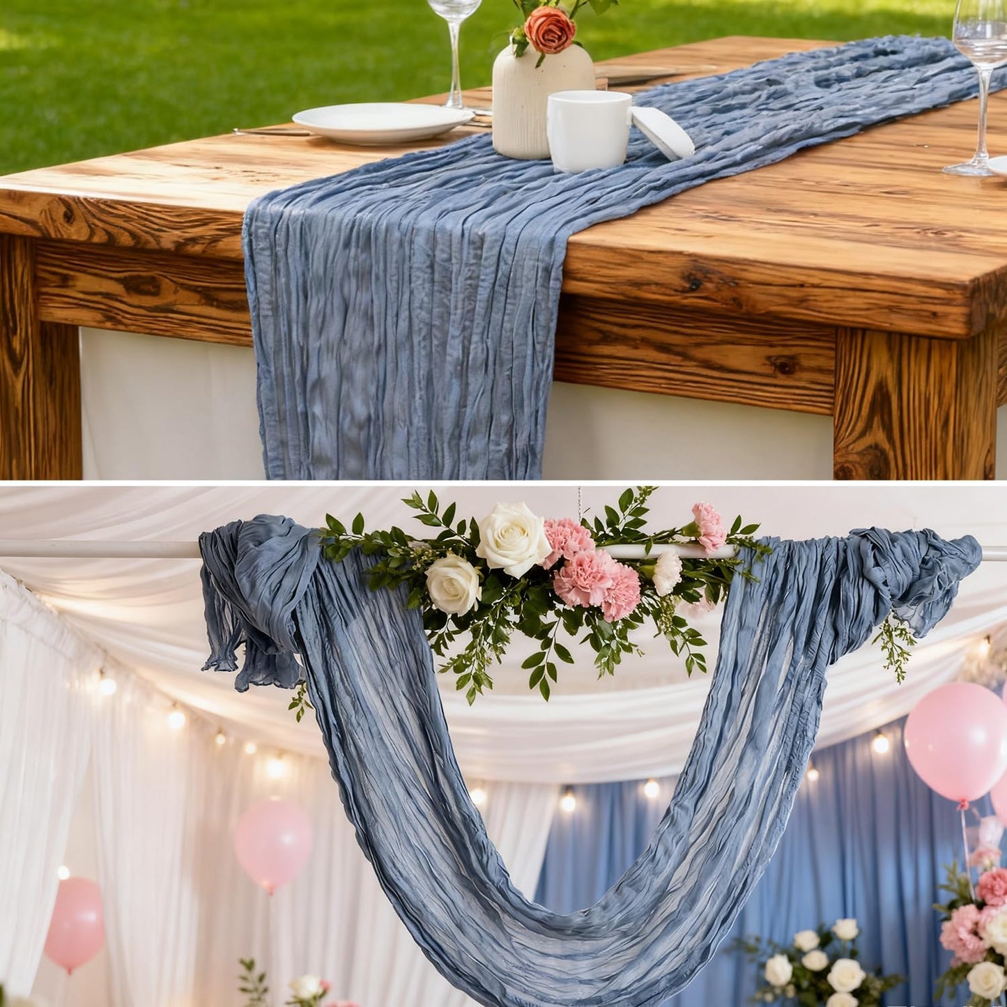 6 Pack Dusty Blue Cheesecloth Table Runner 35x120 Inch Boho Gauze Table Runner, Rustic Sheer Cheese Cloth Fabric Table Runners for Parties, Baby Shower, Birthday and Weddings
