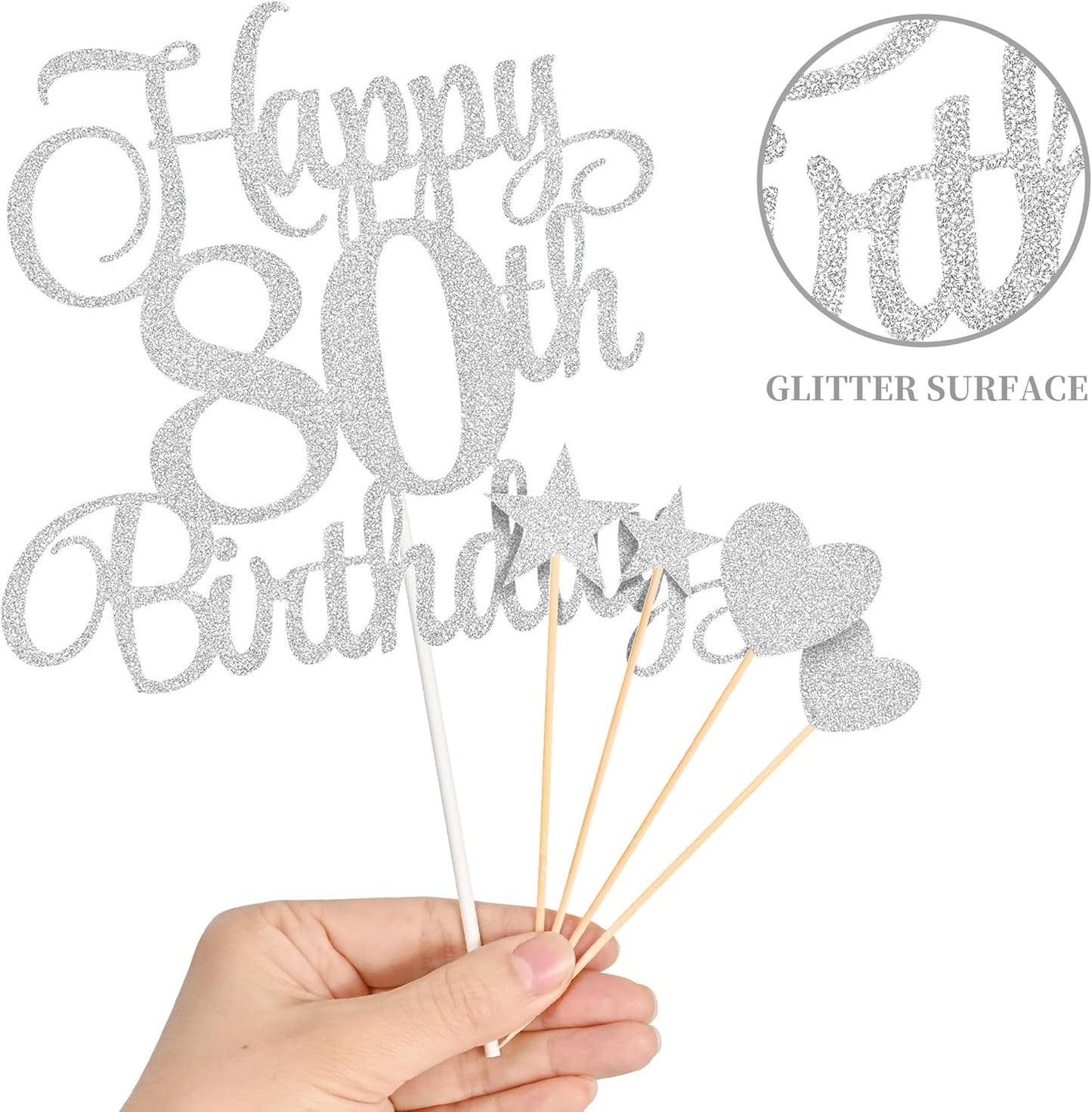 80th Birthday Cake Decorations, 80th Birthday Candles Cake Numeral Candles and Glitter Happy 80th Birthday Cake Toppers Set for Birthday Party Supplies (Silver)