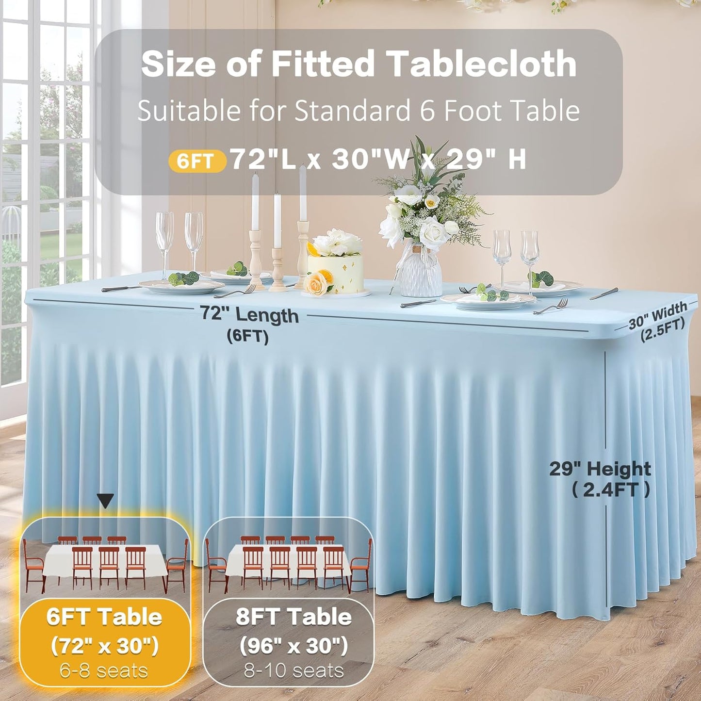 3 Packs Baby Blue Spandex Tablecloths for 6 Foot Rectangle Tables, Stretchy Fitted 6FT Blue Table Skirt for Wedding Party, Wrinkle Free Tablecloths for Banquet Wedding Birthday Party