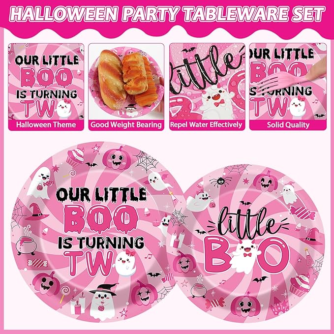96pcs Halloween Pink Ghost Party Supplies - Boo 2nd Birthday Paper Plates, Napkins, Decoration, Dinnerware, Favor, Tableware - Serve 24