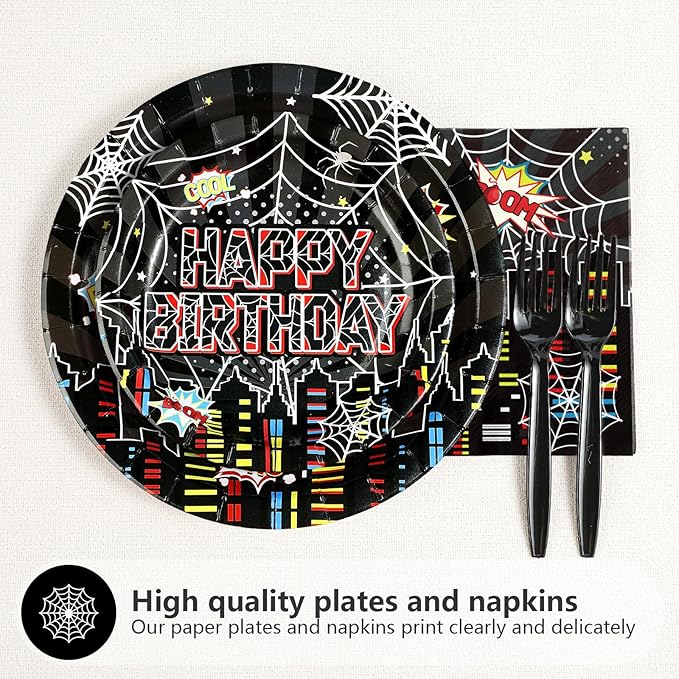 96 Pcs Spider 4th Birthday Party Supplies Black Spider 4th Birthday Plates Disposable Cartoon Super Theme Hero Paper Tableware Set for Boys Kids Spider 4 Year Old Party Decorations Serves 24