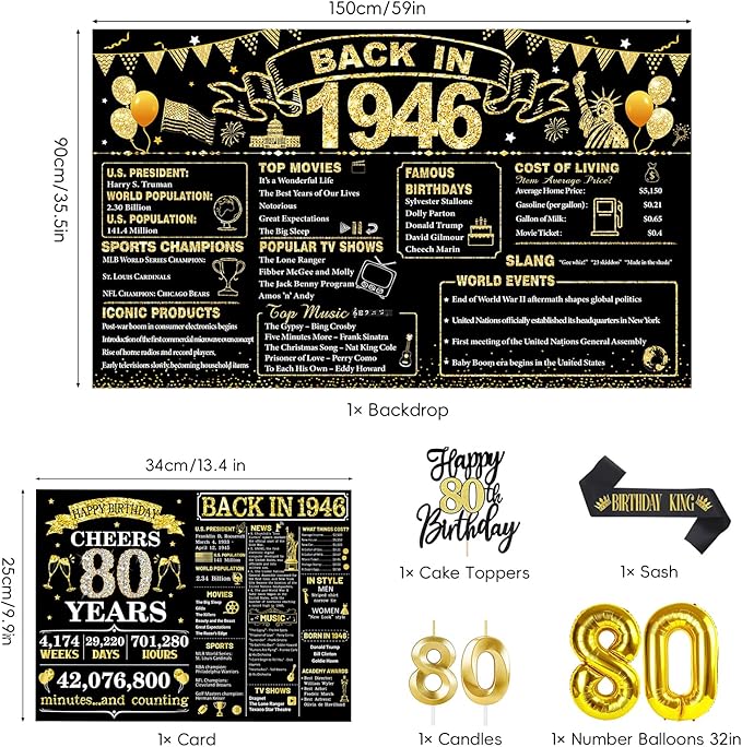 80th Birthday Decorations for Men, Black Gold Back In 1946 Party Supplies Set with Sash, Banner, Backdrop, Balloons, Cake Topper for 80 Year Old Birthday Decorations