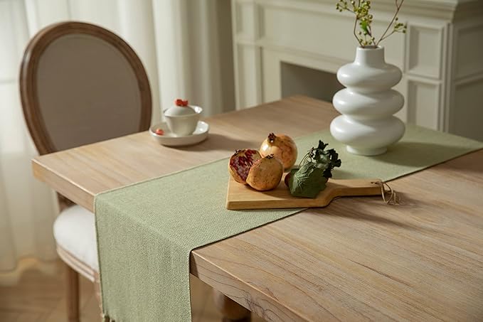 ZeeMart Sage Green Table Runners 72 Inches Long, Burlap Linen Style Rustic Farmhouse Table Runner, Boho Woven Dining Table Runner, 13x72 Inches, Light Sage Green