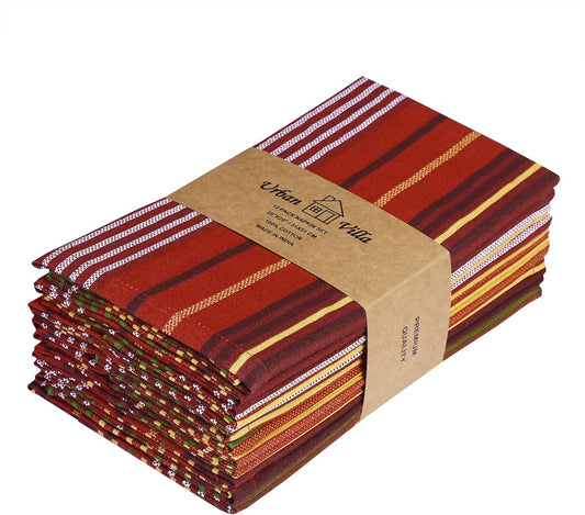 Urban Villa Fall ClothNapkins Stripes Print 100% Cotton Absorbent Dinner Napkins Set of 12 (20X20 Inches) Thanks Giving Napkins Soft Durable Washable Reusable Ideal for Everyday Use Wedding Parties