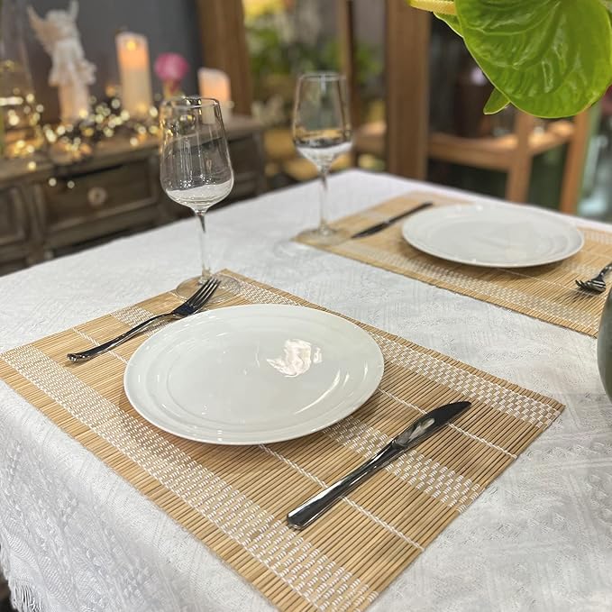 ANDSTAR Bamboo Placemats Set of 8, 17.7x11.8 Inch Brown with White Thread - Non-Slip & Heat Resistant, Easy Clean Woven Table Mats for Dining Room, Kitchen or Home Decor