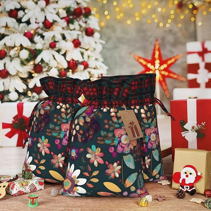 PULaif Colorful Boho Floral Christmas Drawstring Gift Bags, Large Size Christmas Bags For Gifts Party Favors, Xmas Gift Bags