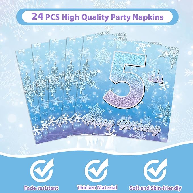 Snowflake Winter Wonderland 5th Birthday Paper Plates Napkins Forks Disposable Dinnerware Happy 5th Birthday Blue and Purple Winter Snowflake Tableware for Kids Christmas onderland Party Decorations