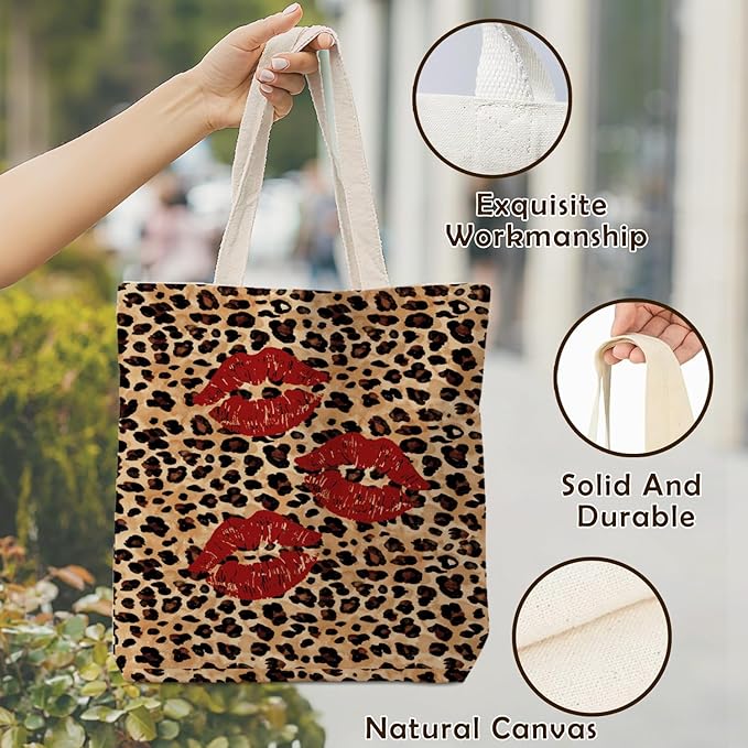Coquette Leopard Red Lip Tote Bag for Women,Trendy Cheetah Print Canvas Tote Bag for Girls,Girly Leopard Lip Print Aesthetic Reusable Shopping Grocery Bags Party Favors