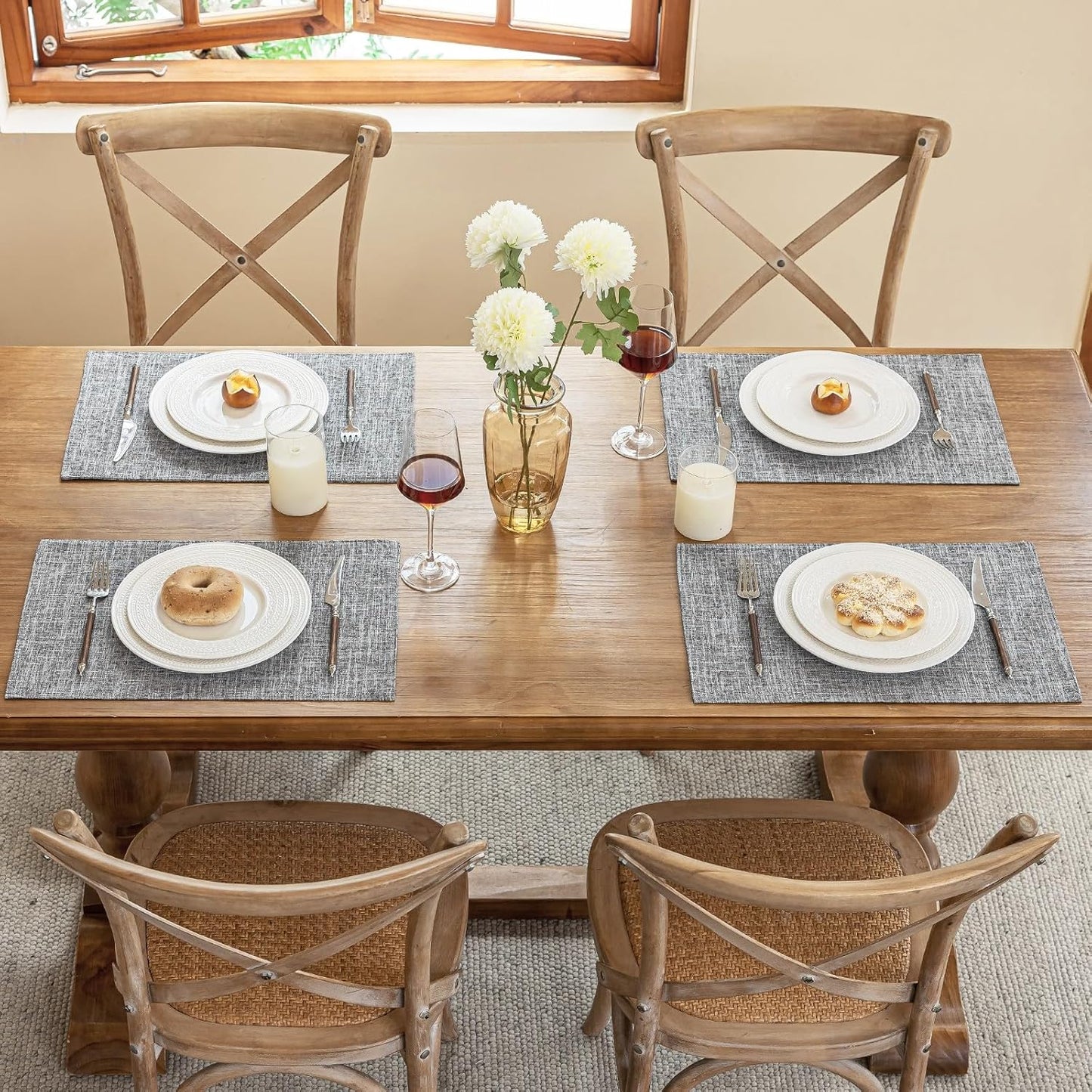 Blue Forest Placemats Set of 8, Dual-Layered Thickened Faux Linen Cloth Place Mats Heat Resistant Machine Washable Wrinkle Free Table Mats Indoor/Outdoor (Light Grey)
