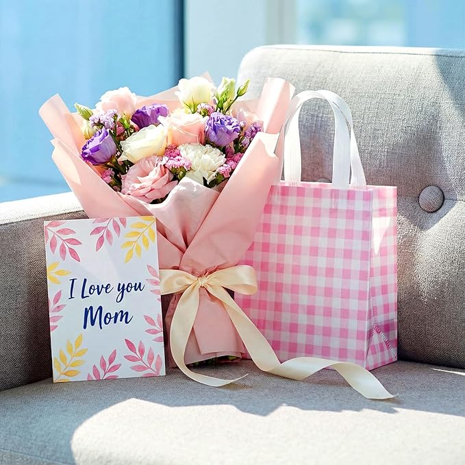 Sweetude 16 Pcs Pink White Checkered Gift Bags with Handles Gingham Pink and White Party Favors Non-Woven Reusable Tote for Women Wedding Birthday Baby Shower Mother's Day Party Decorations