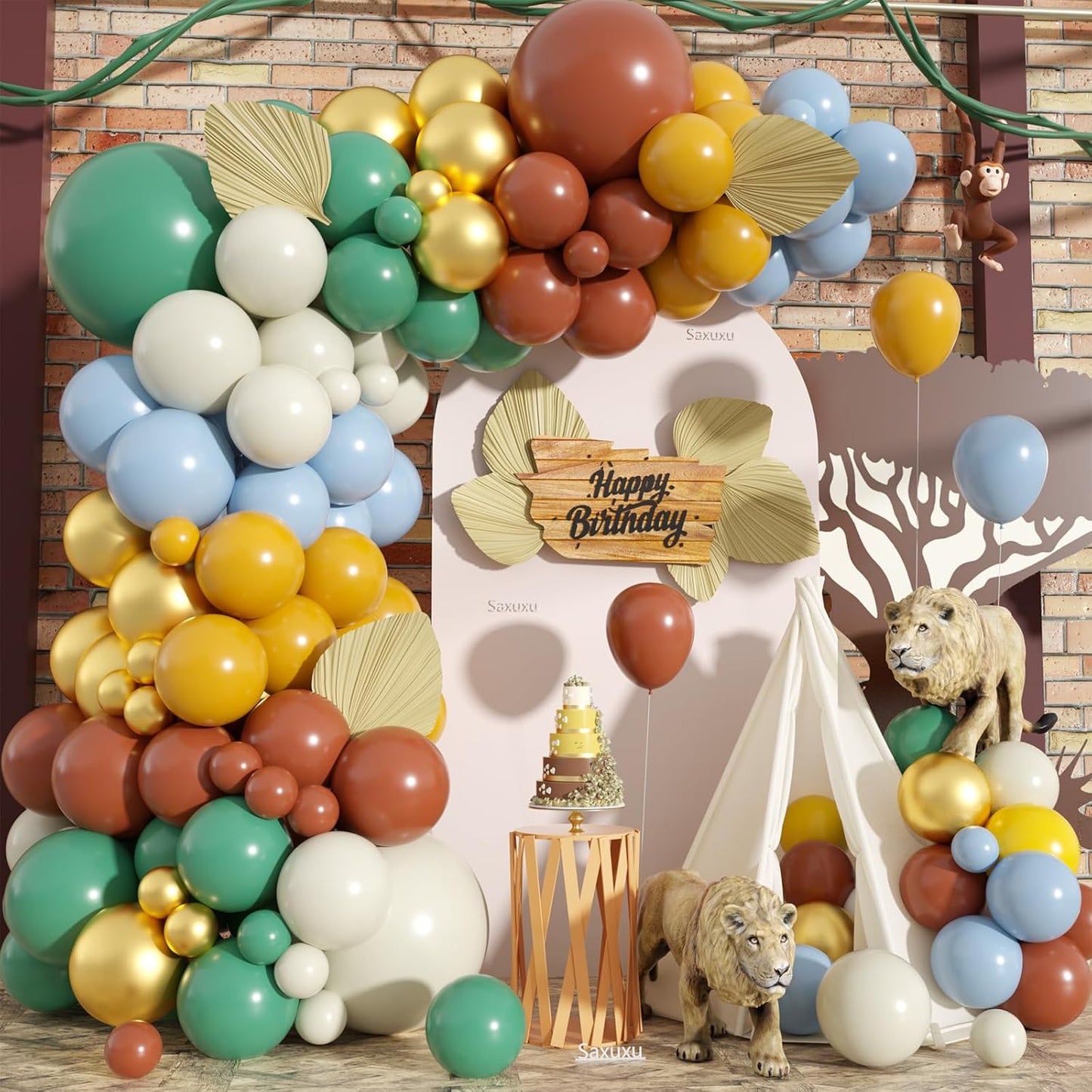 Jungle Balloons Garland Arch Kit, Green Brown Balloon Garland Arch Kit, White Blue Yellow Balloon For Jungle Safari Woodland Lion Forest Theme Birthday Baby Shower Party Wedding Decorations