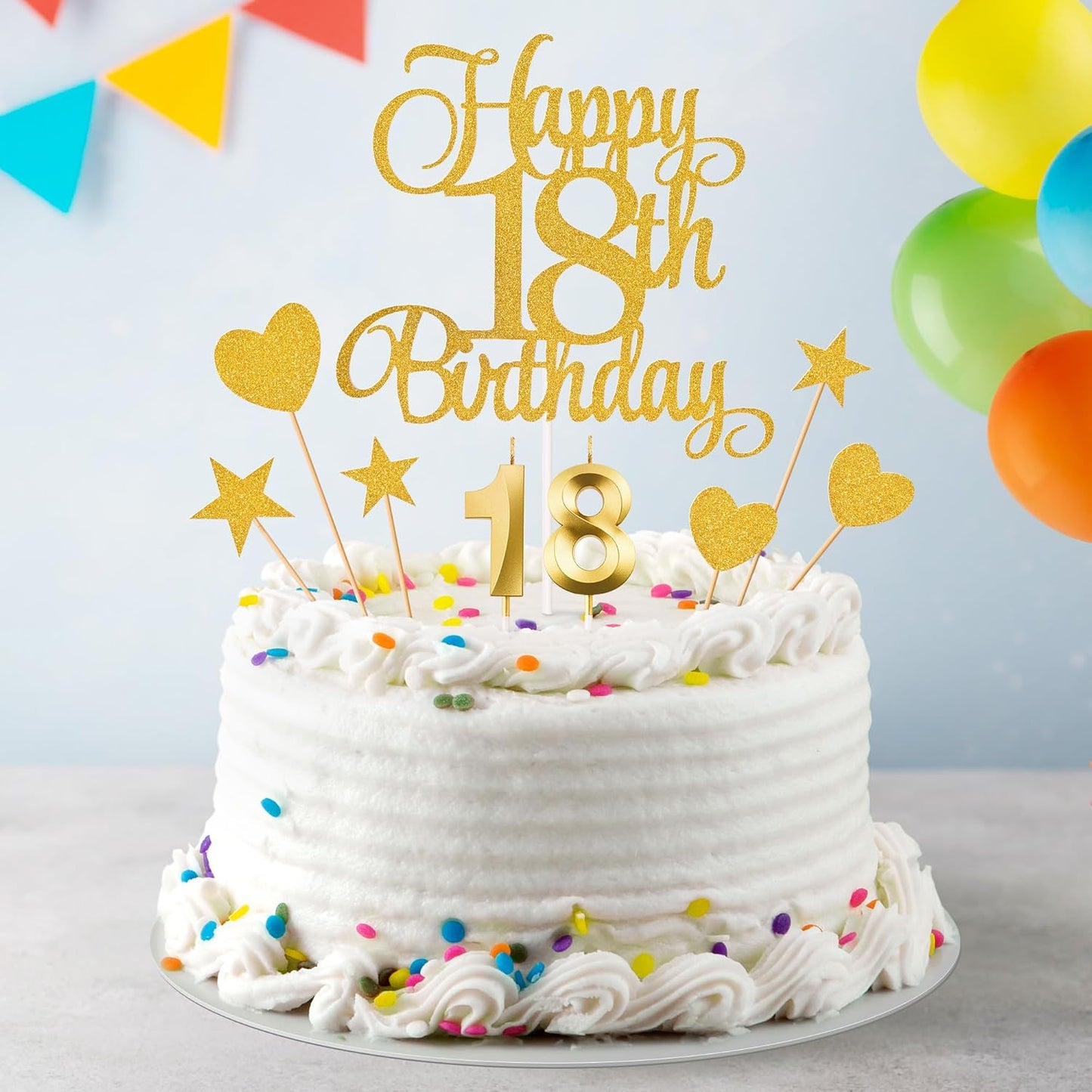 18th Birthday Cake Decorations, 18th Birthday Candles Cake Numeral Candles and Glitter Happy 18th Birthday Cake Toppers Set for Birthday Party Supplies (Gold)