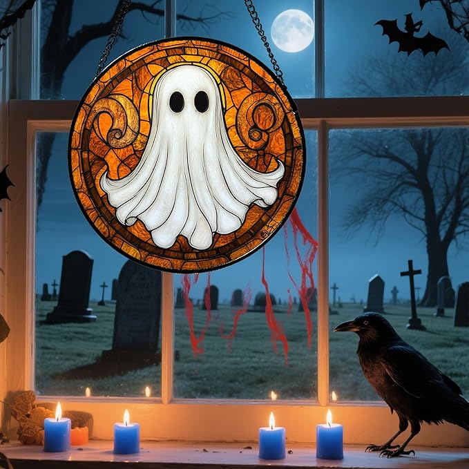 Stained Glass Window Hanging - Halloween Decoration Cute Ghost Suncatcher for Doors Garden Orange Black Spooky Sun Catchers Gothic Decor Horror Gifts for Women Men Friend Boy Girl 7.8 in