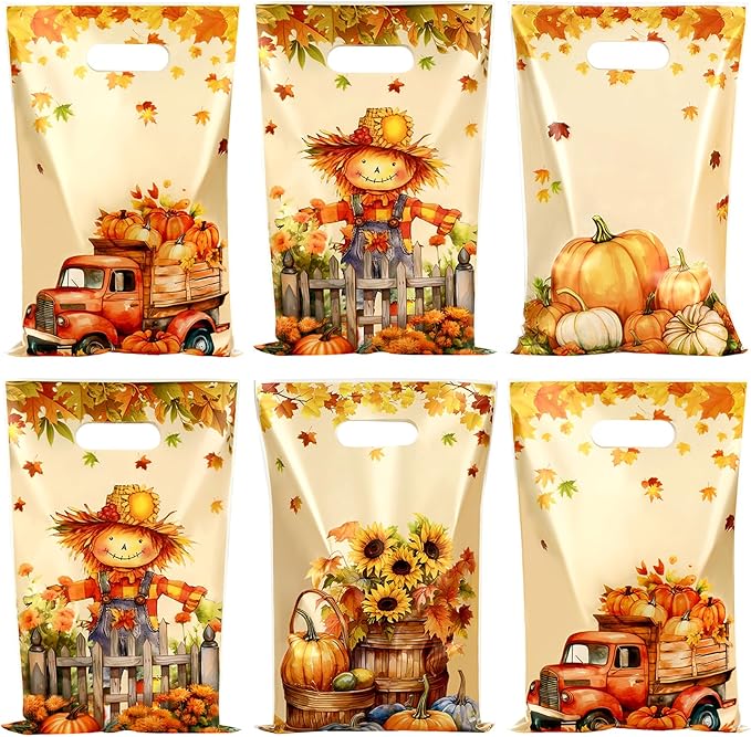 Fall Thanksgiving Treat Bags, 60 PCS Fall Thanksgiving Gift Bags with Handles, 9.8x6.5 Inch Plastic Maple Leaf Pumpkin Scarecrow Candy Goodie Cookies Bag for Falls Autumn Haverst Party Favor Supplies