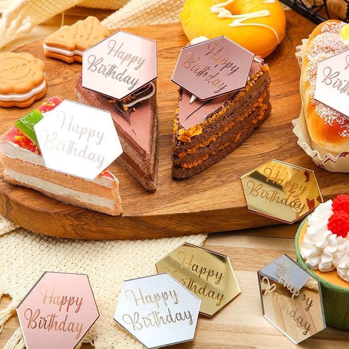 Qunclay 30 Pcs Happy Birthday Acrylic Cake Toppers, Mirror Acrylic Cupcake Toppers, 3 Multi-shape & Gold Rose Gold Silver Cupcake Picks for Birthday Party Pastries Decor DIY Supplies(Hexagon)