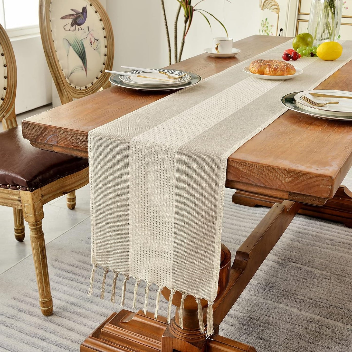Wracra Linen Table Runner, Farmhouse Macrame Table Runners 72 Inches Long for Dining Table Decor, Wedding, Party and Dresser Decor (Light Coffee,72")