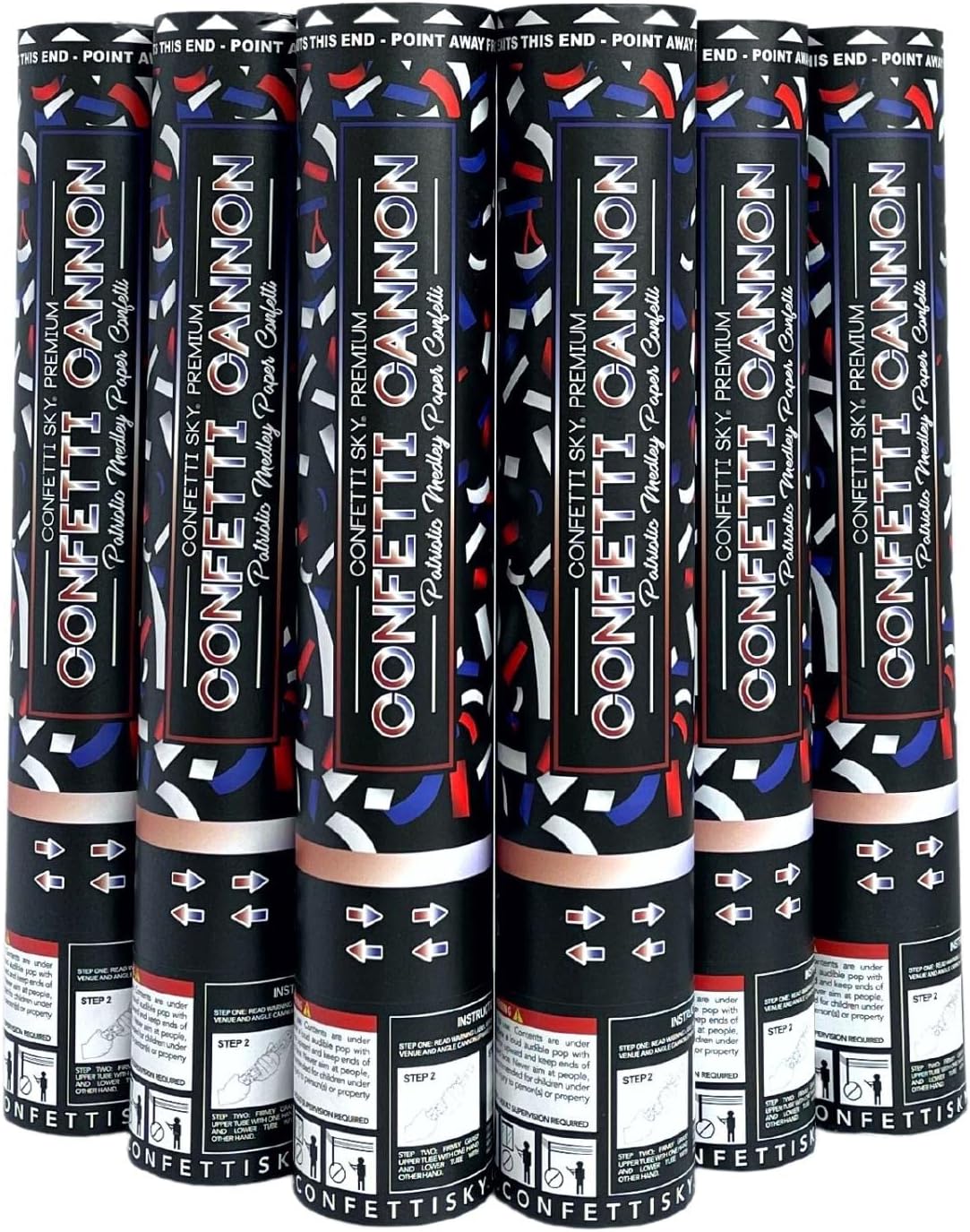 Confetti Sky [6 Pack] 12 Inch Confetti Cannons | Confetti Poppers for Wedding Celebration, Birthday Party, Pranks, Graduation, Christmas Eve and New Year Celebration (Blue,red,white)