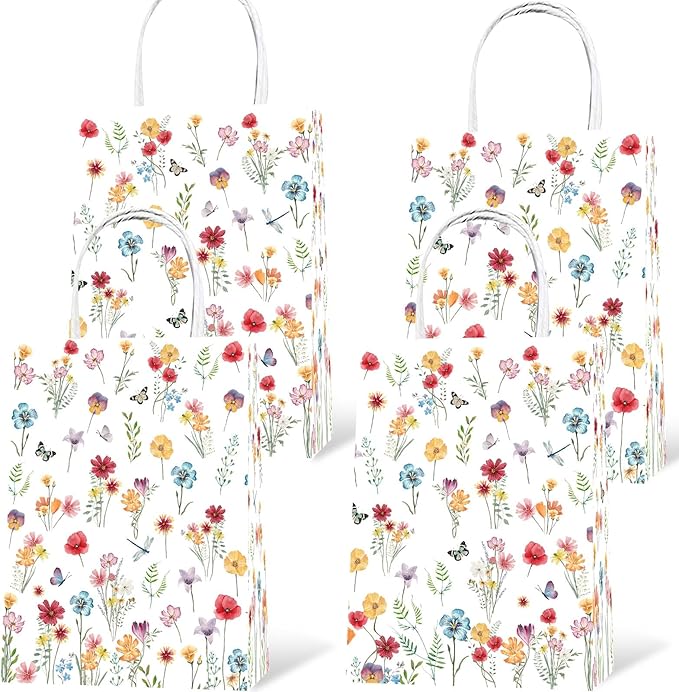 Lecheme Floral Gift Bags 24 PCS Wildflower Welcome Bags With Handles for Wedding Bridal Shower Engagement Love in Bloom Party Favors