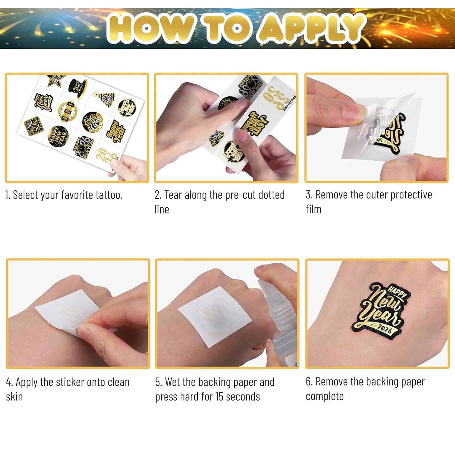 Happy New Year 2026 Temporary Tattoos Stickers – 96PCS Gold New Year’s Eve Party Favors, Decorations, Countdown Celebration Supplies, Holiday Festival Accessories Gifts for Kids and Adults