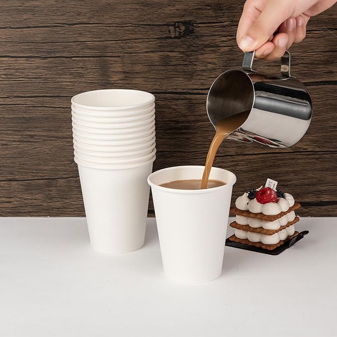 Disposable Paper Cups 12 oz [100 Pack], White Hot Coffee Cups, 12 oz Paper Coffee Cups, Thickened Design for Cafes, Bistros, Parties, and Events