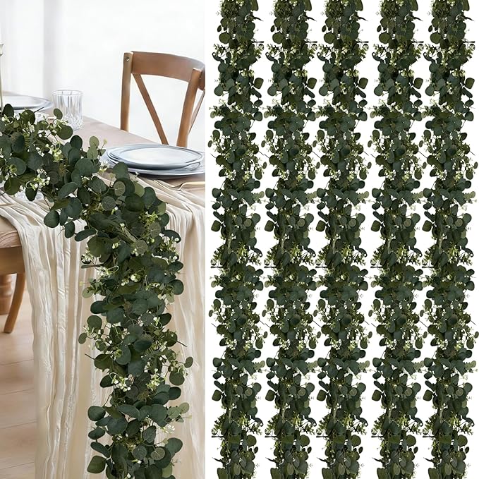 Eucalyptus Garland, 6Pcs 6FT Green Flower Garland Decor, Spring Summer Artificial Faux Eucalyptus Leaves Greenery Vines for Table Runner Wedding Arches Mantle Centerpieces Backdrop Decorations