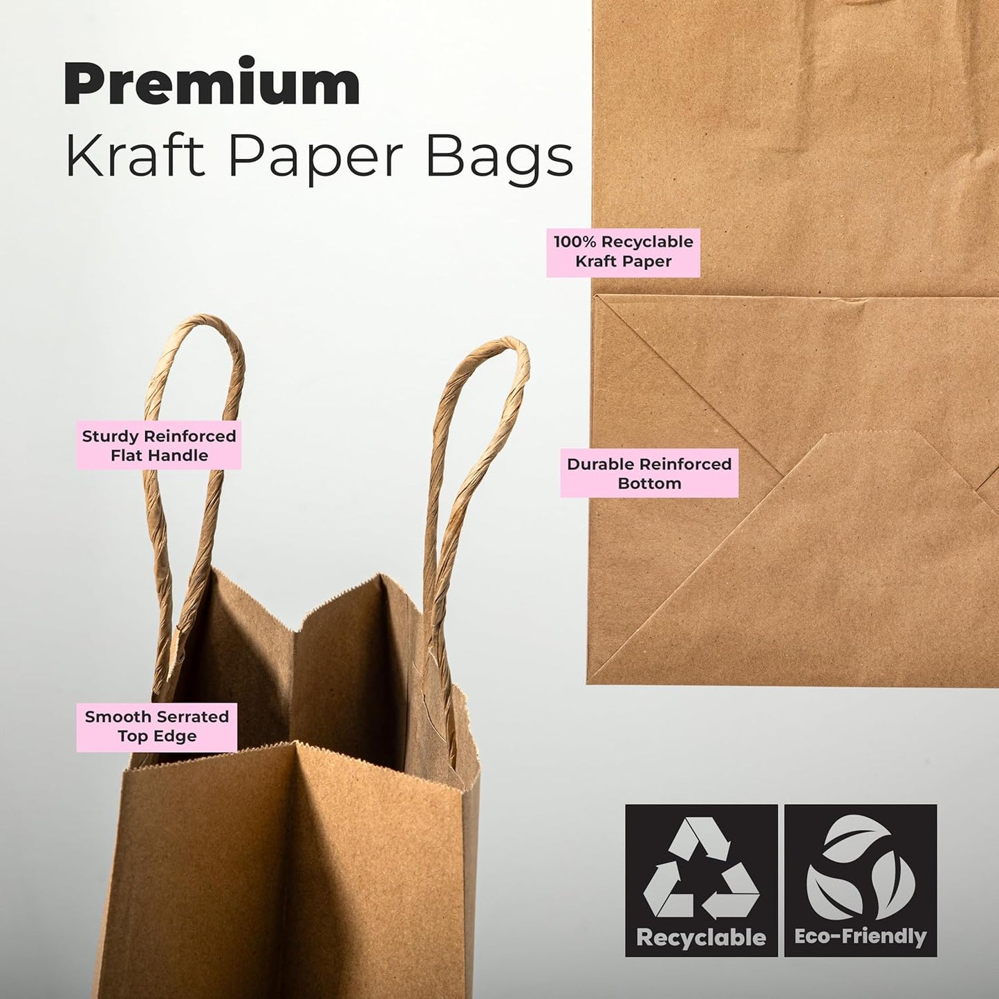 FMP Brands 100 Pack 10x7x12 Inches Kraft Paper Gift Bags with Handles Bulk, Durable Brown Paper Bags for Party Favors, Craft Gift Bag for Birthday Packaging, Small Business and Shopping Lunch