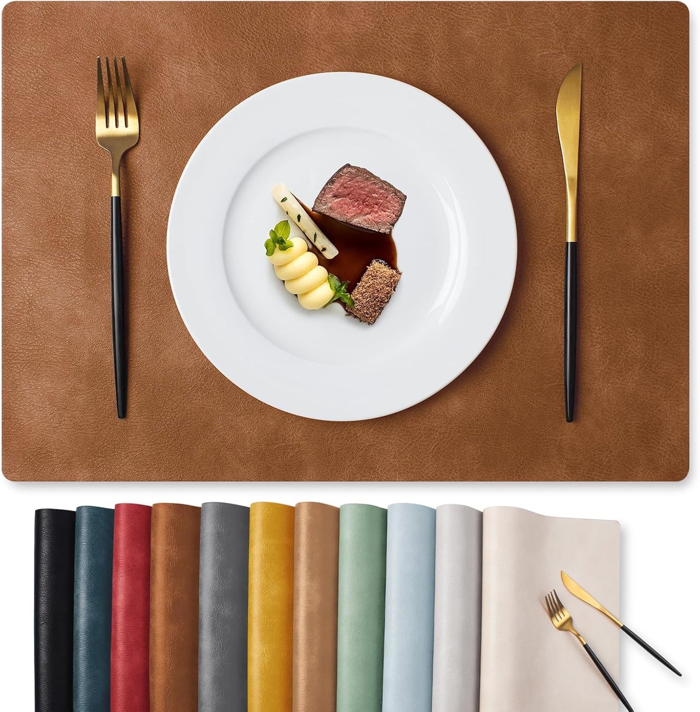 MOSAYT Vinyl Placemats Set of 4-12 X 17 Inch - Fall Faux Leather 100% Waterproof Oil-Proof Wipeable PU Place Mats, Heat Resistant Reversible Table Mats for Kitchen, Dining, Outdoor (Reddish Brown)