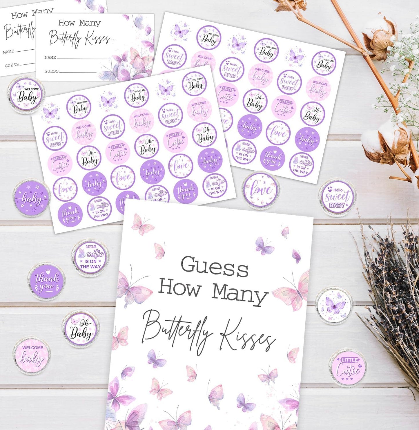 Butterfly Kisses Baby Shower Game Set - Guess How Many Kisses, 50 Cards, Standing Sign, 180 Stickers