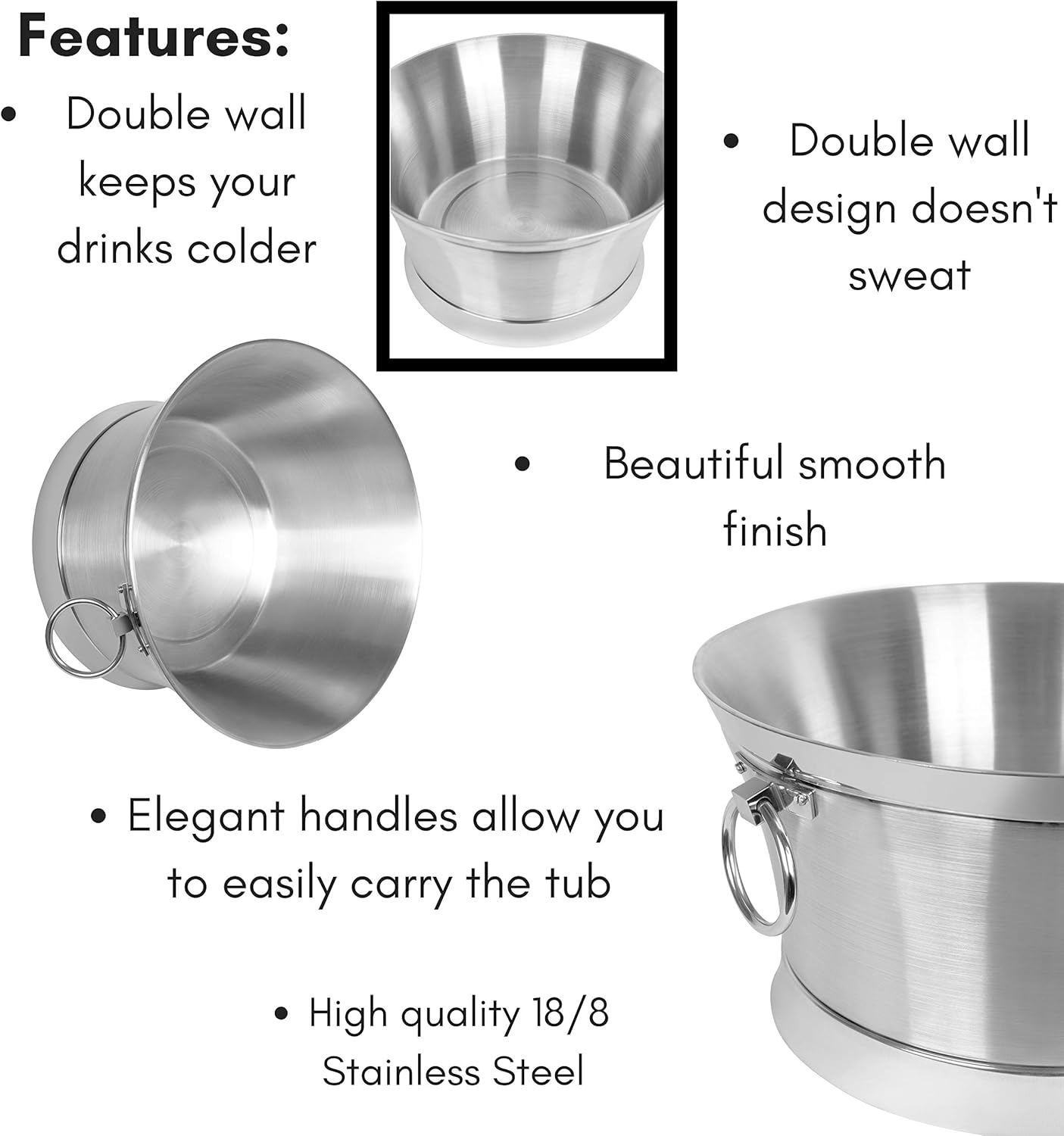 BIRDROCK HOME Metal Beverage Tub w/Stand, Scoop & Bottle Opener - Stainless Steel Double Wall Ice Cooler - Large Drinks, Beer, Wine, Champagne Chiller Buckets w/Holder for Parties - Silver Container