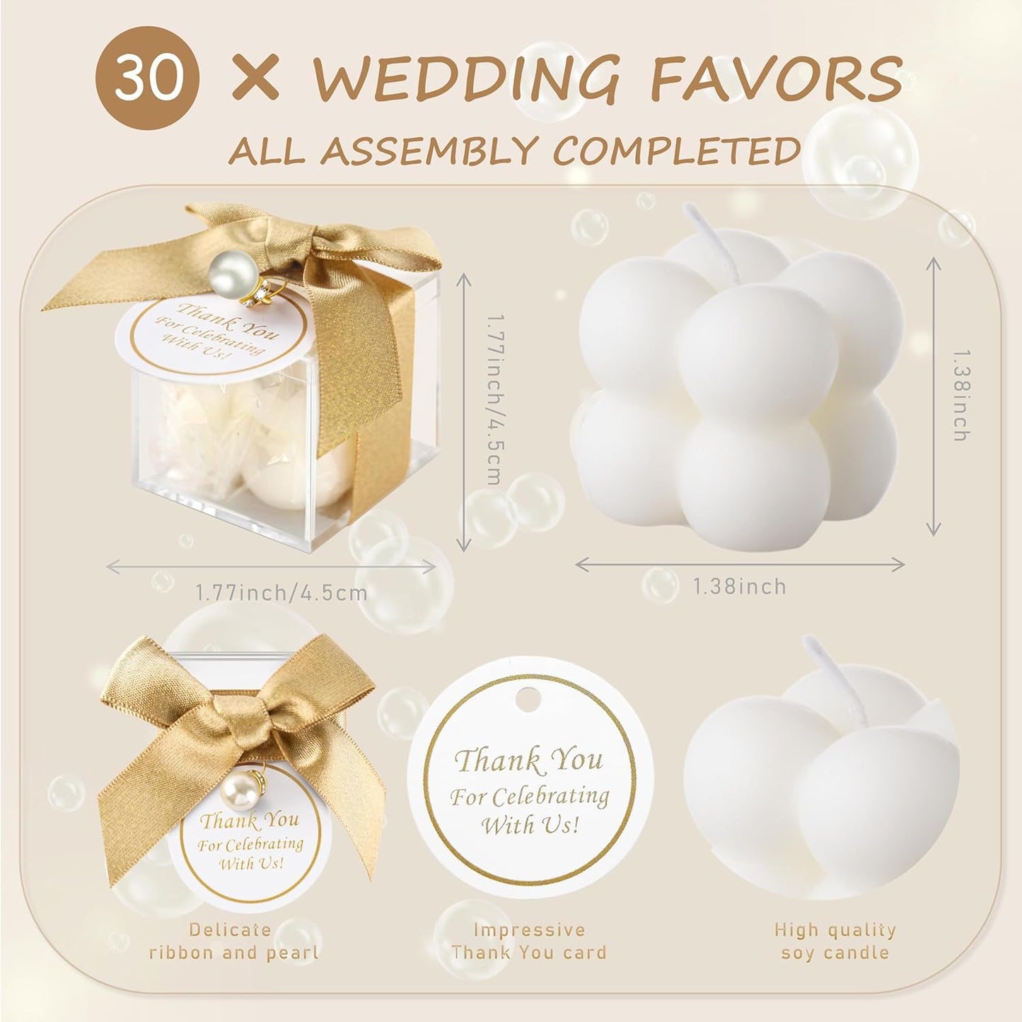 ACITHGL 30 Sets Fully Assembled Small Bubble Candle Party Favors for Guests Bulk Bridal Showers Favors Candles with Stylish Ribbons Thank You Cards Gifts (Gold)