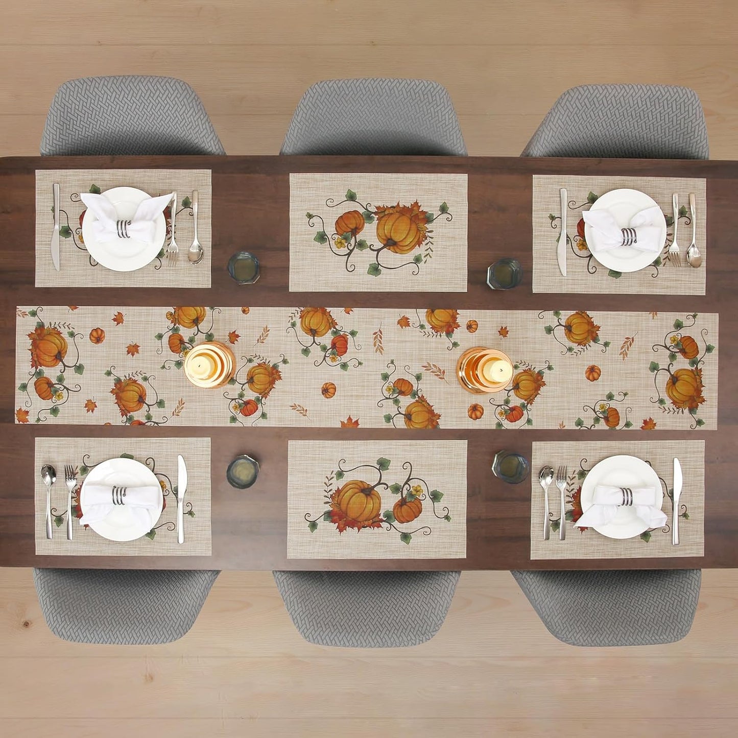 Thanksgiving Placemats Set of 6 Fall Table Mats Pumpkin Maple Leaves Table Mats Washable Non-Slip Heatproof Woven Placemats for Dining Table (17.7" X 11.8")