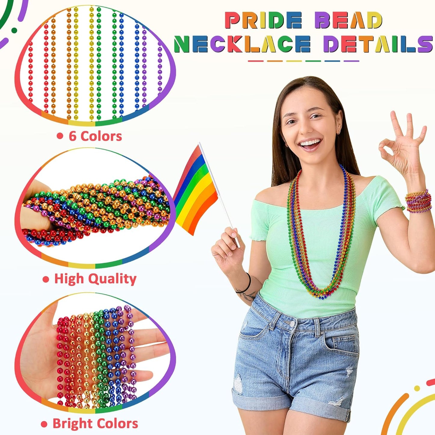 144PCS Pride Accessories, Metallic LGBTQ Beads Necklace Bulk, 6 Kinds of Rainbow Beads Necklaces Stuff, Gay Lesbian Pride Necklace for Costumes Decorations Parade Throws Party Favors