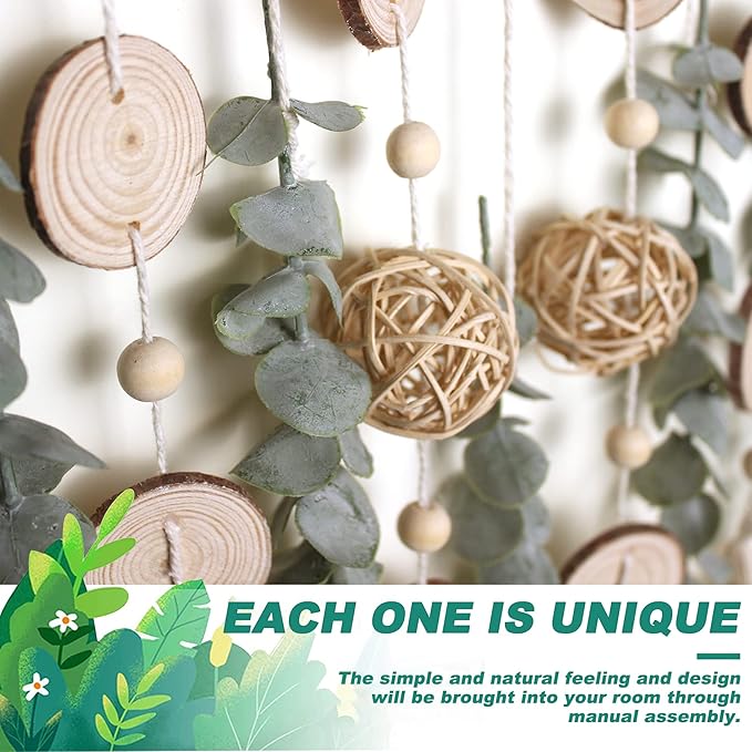 Bathroom Decor Artificial Eucalyptus Greenery Hanging Wall Decor Faux Eucalyptus Leaves Hanging Plant on Wooden Stick with Wicker Ball Rustic Farmhouse for Bedroom Nursery Boho Wall Decorations