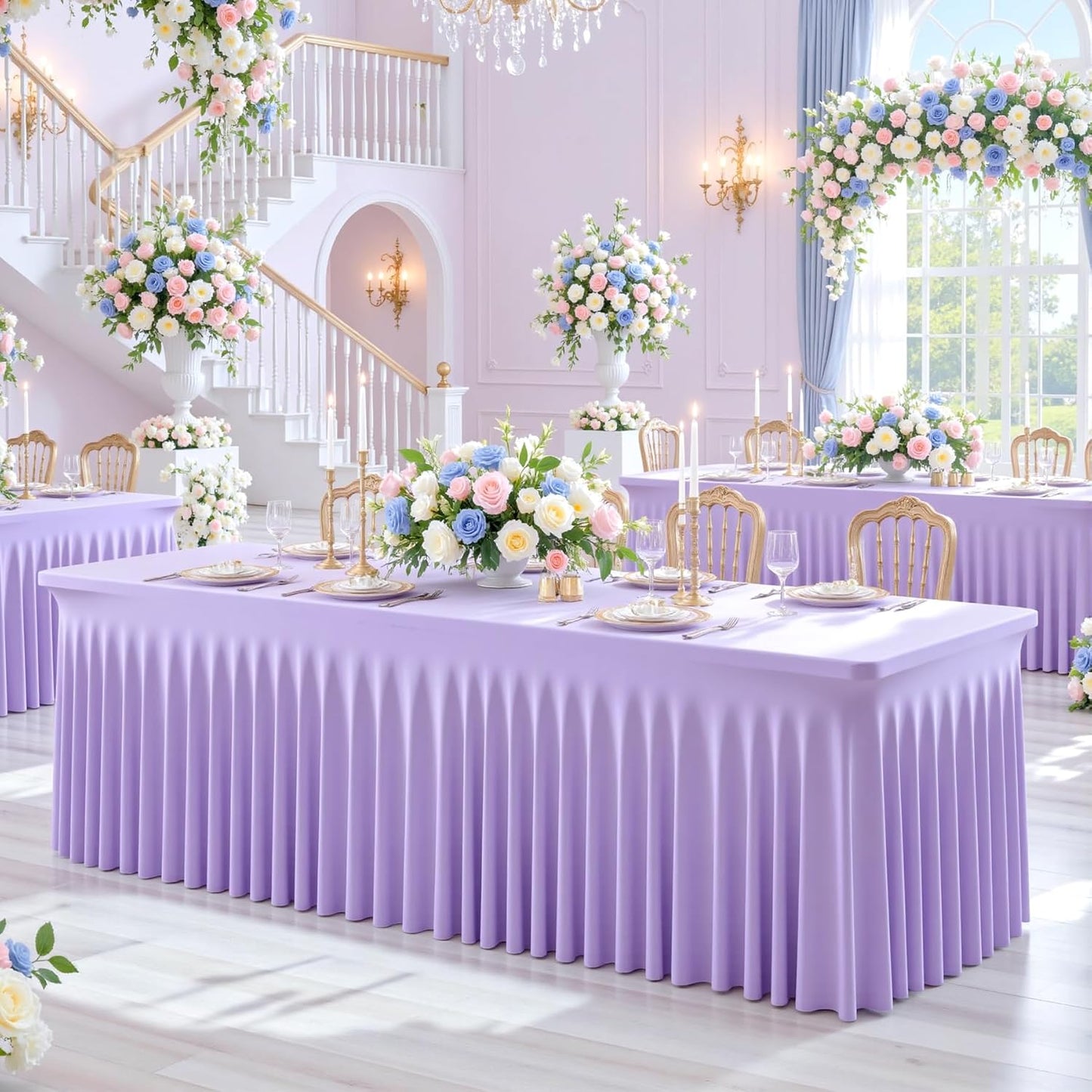 Suppromo 4 Pack 8ft Lavender Spandex Table Cloths for Rectangle Tables Wrinkle Free Light Purple Rectangle Tablecloths Stretch Fitted Table Cover for Birthday Party Wedding Banquet Baby Shower Buffet