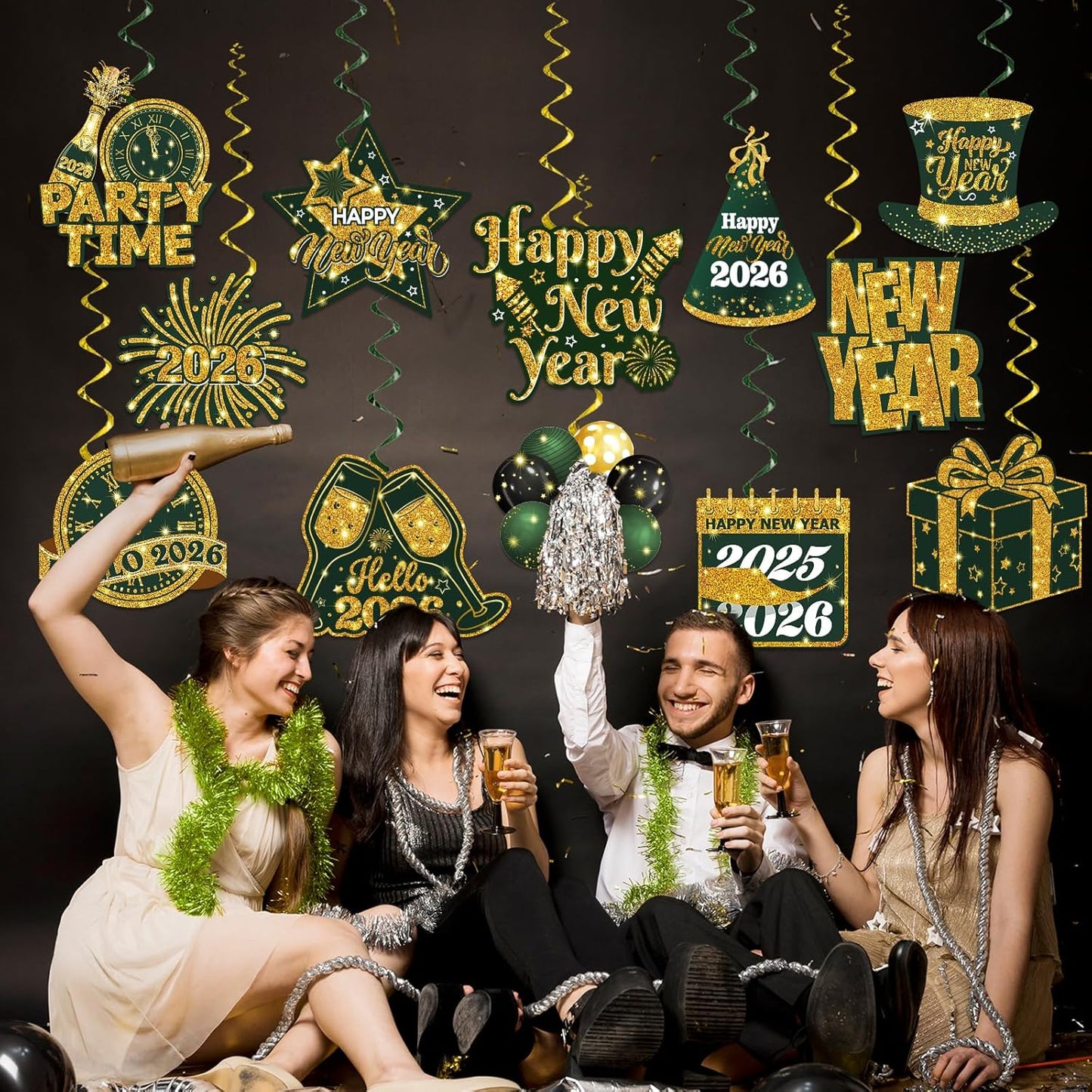 New Years Decorations Hanging Swirls,Green and Gold 2026 New Years Eve Decorations Banner Ceiling Hanging Pom Pom Garland Triangle Flag for Happy New Year Decorations