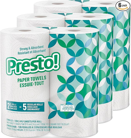 Amazon Brand - Presto! Kitchen Paper Towels - Flex-a-Size, 128 Sheet Family Roll, 6 Rolls (3 Packs of 2), White