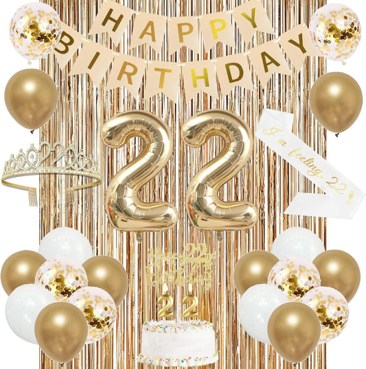 Trgowaul 22nd Birthday Decorations for her, Champagne Gold Happy 22nd Birthday Supplies for Girls, 22 Sash and Crown, Banner, Fringe Curtains, Cake Topper, 22 Year Old Party Supplies Set