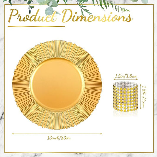 Tanlade 50 Set Bright Gold Charger Plates Bulk with Napkin Rings Plastic 13" Plate Charger Fluted Edge Wedding Decoration for Table Wedding Party Event(Sun)