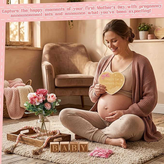 Mother's Day Pregnancy Announcement Set - 8Pcs Coming Soon Baby Announcements Ideas Include Wooden Sign Flower Beads Garland New Mom Pregnancy Reveal Photo Props for Grandparents Dad Husband Family