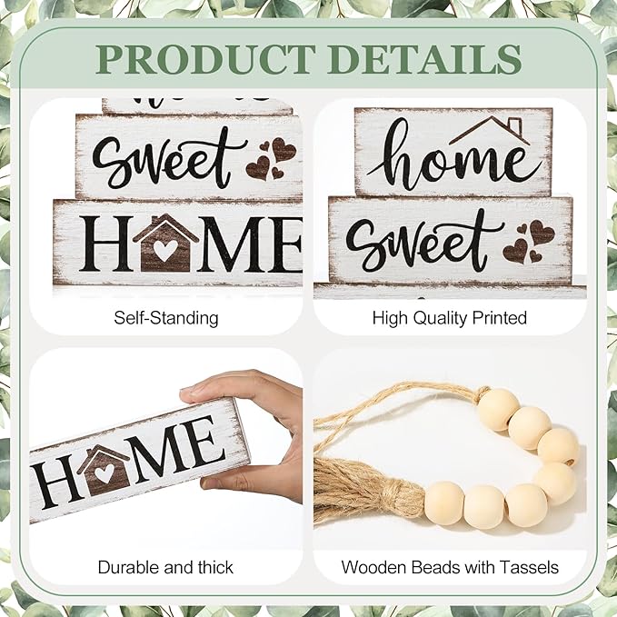 Yousoontic 5 Pcs Farmhouse Wooden Table Decor Rustic Tiered Tray Decor Neutral Block Sign Centerpiece with Bead Garland Faux Eucalyptus Leaves for Home Sweet Kitchen Entryway Living Room Shelves